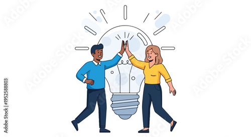 A man and a woman high-five in front of a glowing lightbulb, symbolizing successful collaboration, shared ideas, and teamwork.