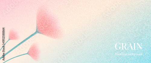 Gentle flowers on pink and teal grain blur gradient background. Soft gentle red poppy, tulip blooms for spring banner and card. Botanical floral vector with dreamy ombre and diffused tones.