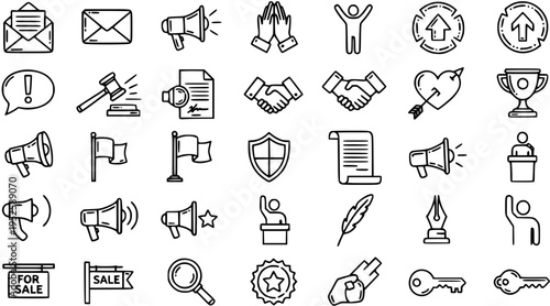 Black and White Line Art Icons for Business, Law, and Communication