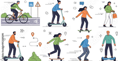 Urban personal transportation illustration set with electric scooter skateboard bicycle and smart mobility lifestyle collection