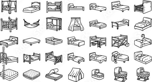 Furniture Industry: Diverse Bed Types, Cribs, Bunk Beds, Hammocks, and Mattresses Outline Line Art Icons Set for Home Decor