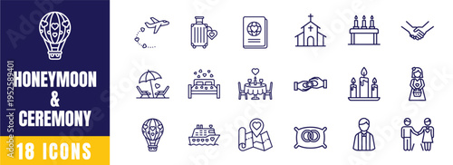 Honeymoon and Wedding Ceremony Line Icon Set — Travel, Couple, Celebration, Church, Passport Outline Vector