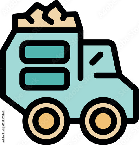 Tipper truck carrying sand at a construction site, colorful icon in cartoon style