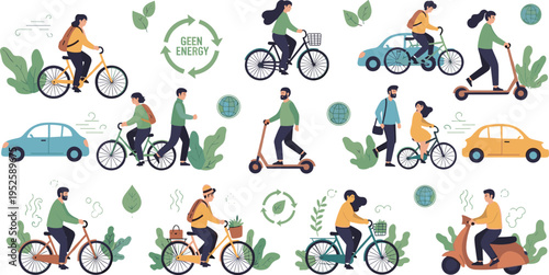 Eco friendly transportation illustration set with bicycle scooter car green energy sustainable urban mobility collection