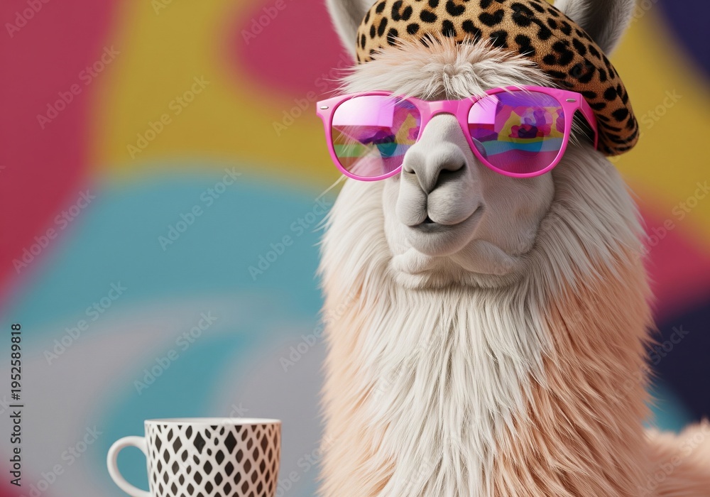 Fototapeta premium Cool llama wearing sunglasses and a beret sips from a patterned mug