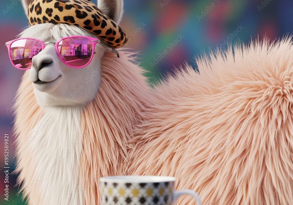 Naklejka premium Cool llama wearing sunglasses and a beret enjoys a drink