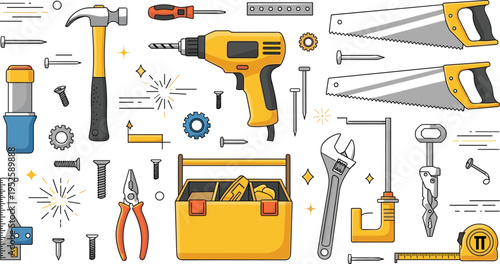 Construction tools and equipment illustration set with hammer drill saw wrench toolbox hardware repair collection