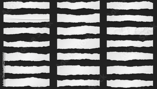 Set of torn paper edges, ragged borders on black background, grunge texture, graphic elements vector illustration