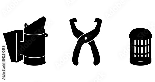 Beekeeping Tools: Smoker Pliers and Frame Grip Icon Set Apiary Equipment Graphics