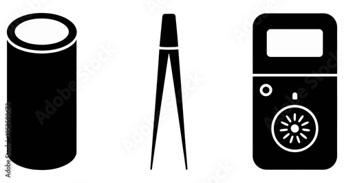 Cylinder Tweezers and Multimeter Icons Isolated on White Background