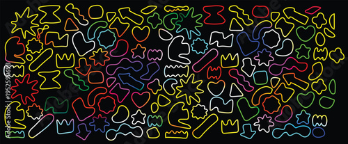 Vibrant Neon Shapes Background Stars, Hearts, Crowns, and Abstract Forms on Black