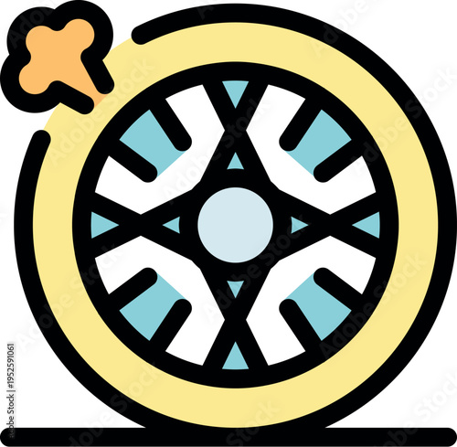 Car wheel is flat with smoke representing a puncture, breakdown or damage, requiring roadside assistance and tire repair or replacement