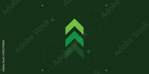 Illustration of a bright arrow pointing up on a dark green background, digital business growth concept.
