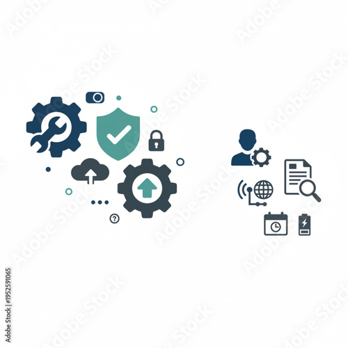 Collection of various technical and operational icons representing security, progress, and system management in a modern digital interface