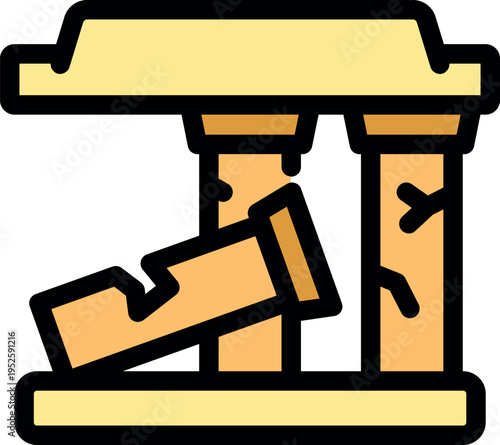 Earthquake consequences illustrated by destroyed building with broken pillar and fallen column, symbolizing war destruction and fragility