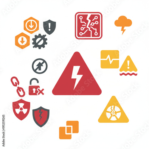 Collection of warning and danger icons for cybersecurity, alerts, and technical alerts representing hazards and critical situations