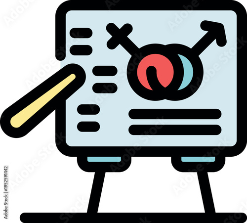 Pointer showing gender studies presentation with male and female symbols and notes on whiteboard