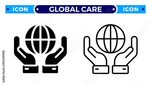 Hands Holding Globe for Global Care Environmental Protection and World Peace Vector Icon Set