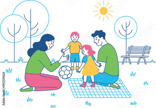 Happy young family with children having a picnic, playing soccer in the park on summer