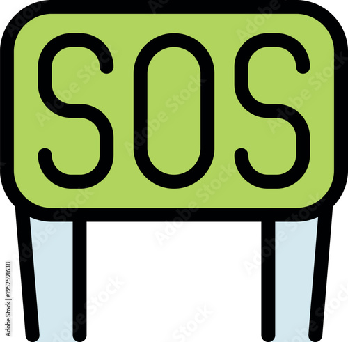 Bright green sos sign indicating an emergency situation, calling for immediate assistance and rescue