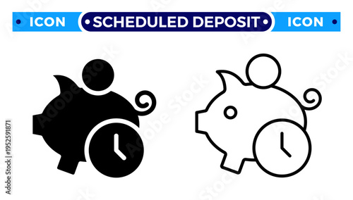 Savings Timer and Scheduled Money Deposit with Piggy Bank and Clock Vector Icon Set