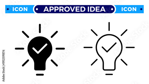 Approved Creative Idea and Verified Solution with Lightbulb Checkmark Vector Icon Set