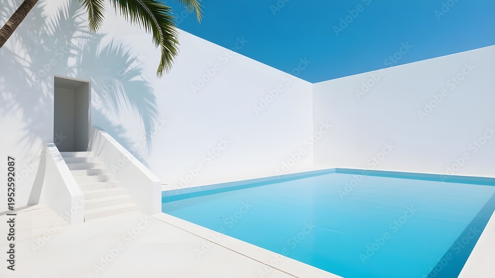 Fototapeta premium Modern White Architecture with Bright Blue Swimming Pool and Palm Tree Shadow.