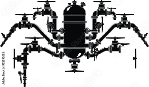 Mechanical spider plumbing silhouette illustration set, industrial pipe valve artwork, engineering creative vector design concept