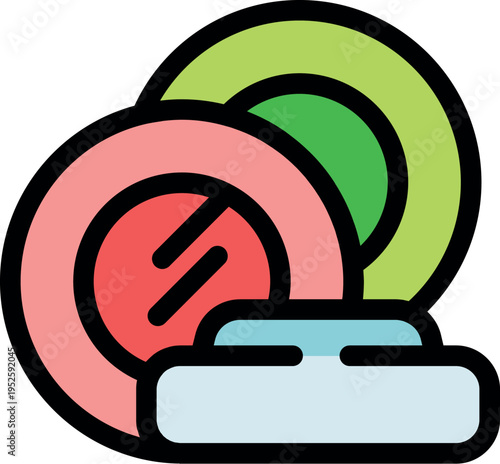 Colorful illustration of hosomaki and uramaki sushi rolls, featuring salmon and avocado, served on a rectangular plate