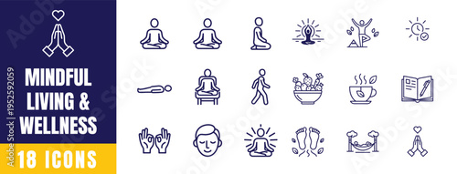 Mindful Living and Wellness Line Icon Set — Meditation, Balance, Mind, Peace Outline Symbols Vector