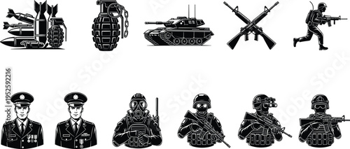 Military silhouette illustrations, soldier weapon equipment artwork, combat tactical design, black white figure set, armed forces stylized collection