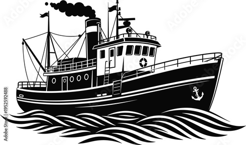 Steam-powered boat silhouette illustration set, fishing cargo vessel nautical artwork, maritime vector design concept
