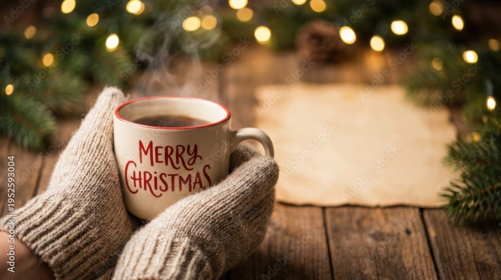 Fototapeta premium dynamic merry christmas hands holding cup of coffee with copy space stock photo background ready for text or design overlay