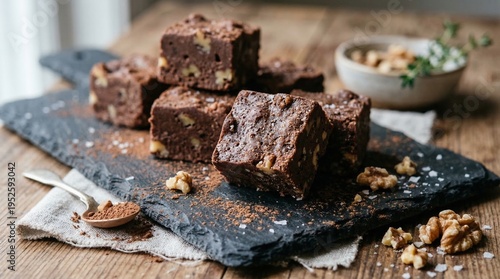 Картината върху платно Delicious homemade chocolate walnut fudge squares on a slate board, sprinkled with cocoa powder and sea salt
