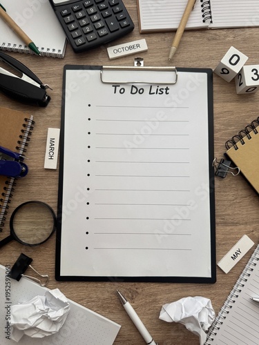 Foto To Do List with Office Supplies on Wooden Desk Flat Lay