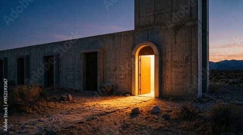 Εκτύπωση καμβά Desert concrete building with glowing open door at dusk, mysterious and inviting