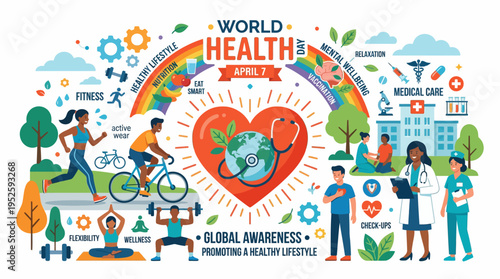 Vibrant illustration promoting global health awareness, diverse healthy lifestyles, physical activity, mental well-being, and accessible medical care