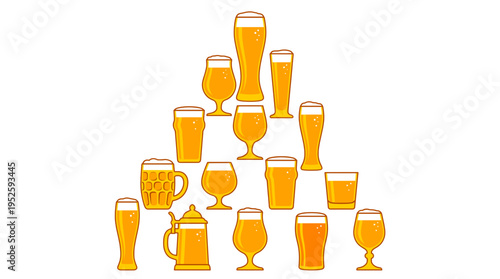 A variety of beer glasses and mugs filled with golden beer, arranged in a visually appealing display. A refreshing drink for any occasion.