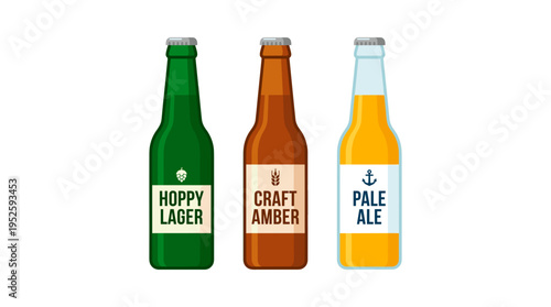 Three different beer bottles, each with a unique label and color. The bottles are lined up, representing different types of beer