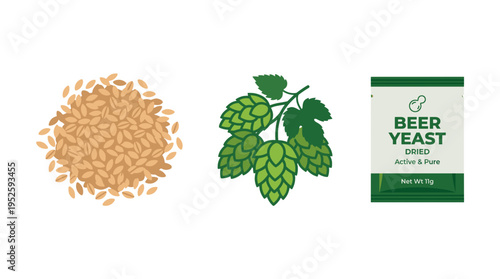 An illustration of the ingredients of beer including grains, hops and yeast