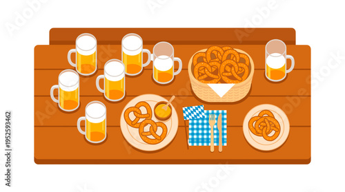 A table filled with beer mugs and pretzels, inviting people to enjoy a casual feast.