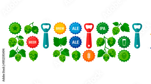 A collection of beer elements and beer bottle openers. The various objects are beer bottle caps and hops