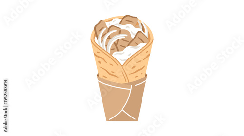 A delicious shawarma wrap ready to be enjoyed. The wrap features seasoned meat, creamy sauce, and fresh vegetables