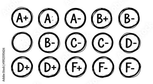 hand-drawn academic grades from a to f- in a grunge doodle style representing school marks and educational assessment concept.