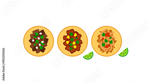 Delicious tacos, artfully arranged on a light surface. Each taco is loaded with different fillings, accompanied by fresh lime wedges