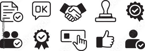 Approval & validation icon set. Verified, certification, agreement and quality check symbols. Vector illustration