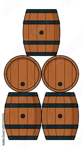 A stack of wooden barrels arranged in a pyramid shape