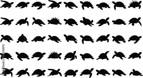 Large collection of sea turtle and tortoise silhouettes in various poses including swimming, crawling, and walking isolated on white background for graphic design.