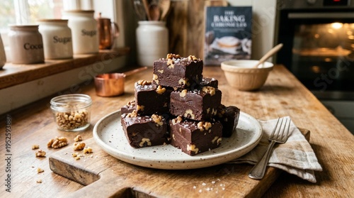 Фотография Homemade Chocolate Walnut Fudge Stacked on Plate, Cozy Kitchen Background