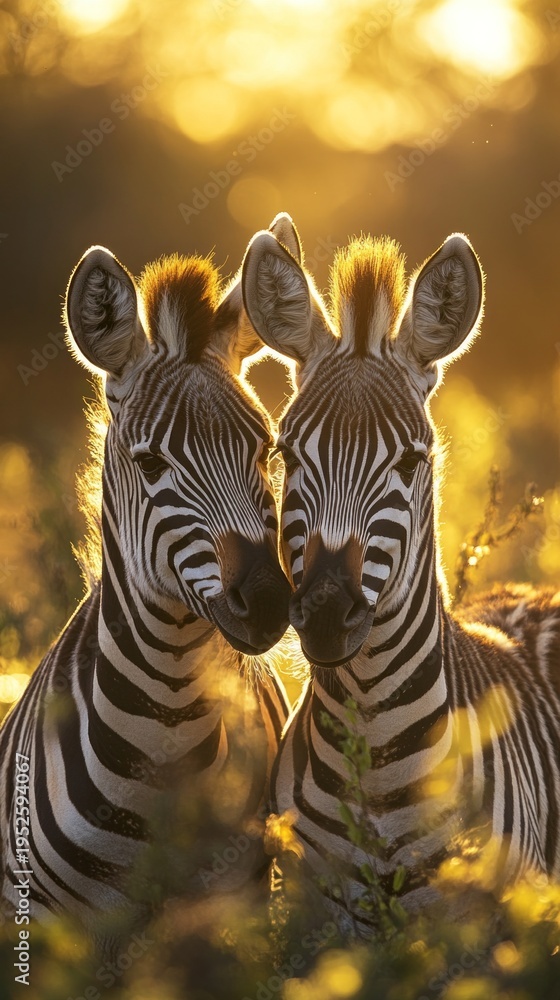 Fototapeta premium Two zebras standing close together at sunset form a heart shape with their heads, symbolising the unity of nature; this makes for a touching background for presentations on wildlife or for postcards.